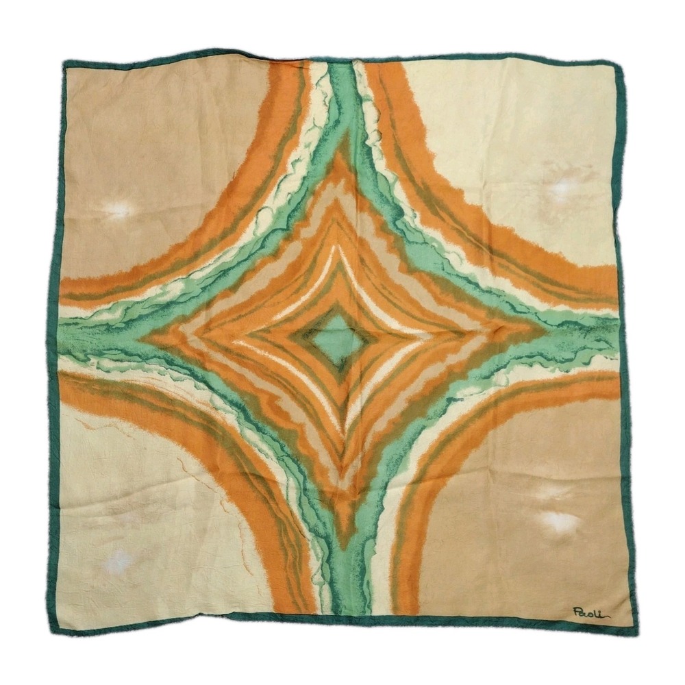VTG Paoli Silk Scarf Abstract Landscape Waves Teal Ochre Orange Earthy
